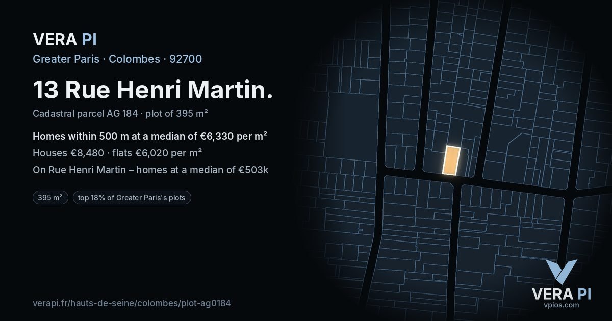 13 Rue Henri Martin, Colombes at night – the plot lit, the parcels around coloured by the prices near them