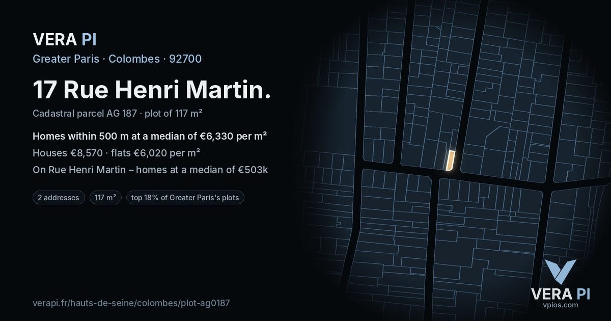17 Rue Henri Martin, Colombes at night – the plot lit, the parcels around coloured by the prices near them