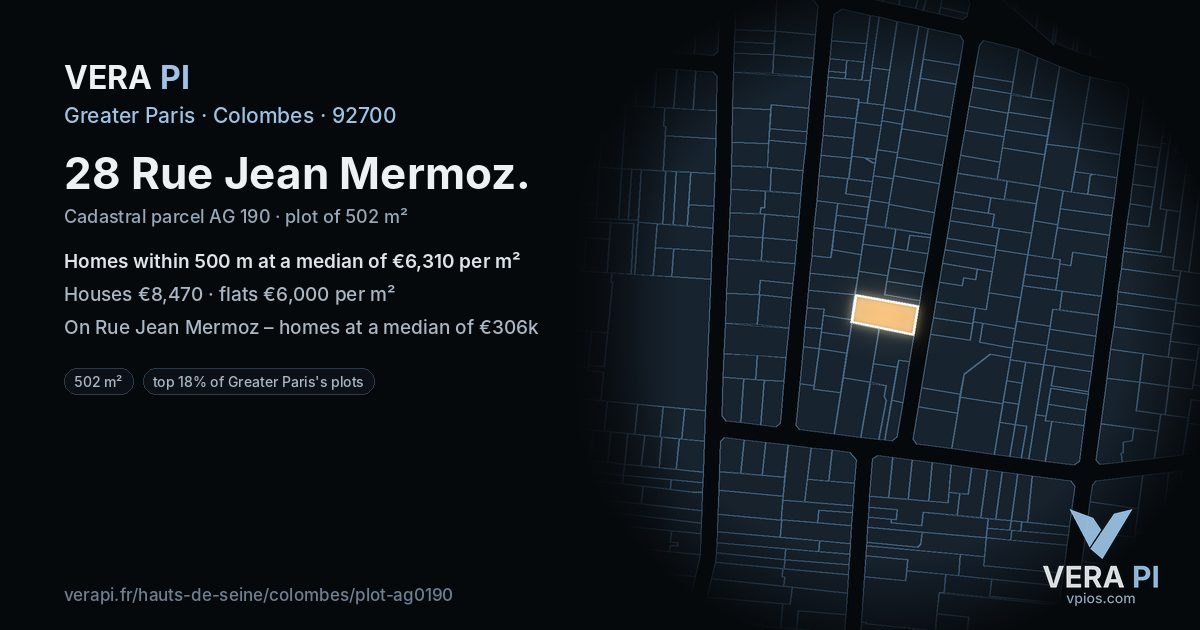 28 Rue Jean Mermoz, Colombes at night – the plot lit, the parcels around coloured by the prices near them