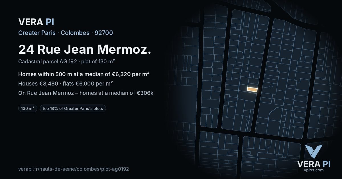 24 Rue Jean Mermoz, Colombes at night – the plot lit, the parcels around coloured by the prices near them