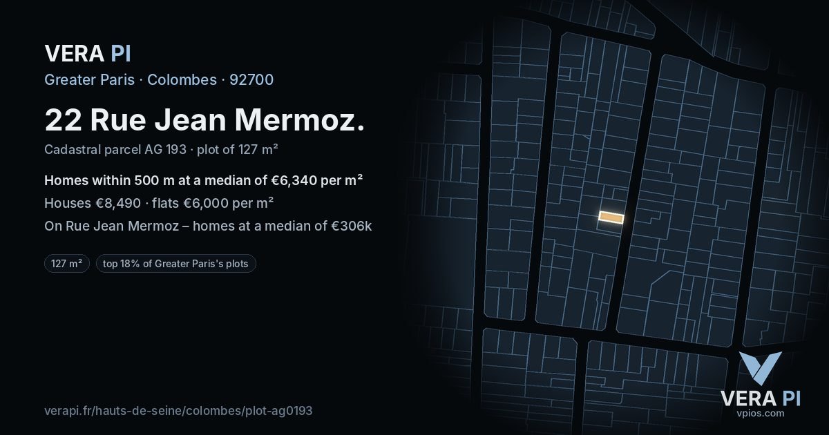 22 Rue Jean Mermoz, Colombes at night – the plot lit, the parcels around coloured by the prices near them