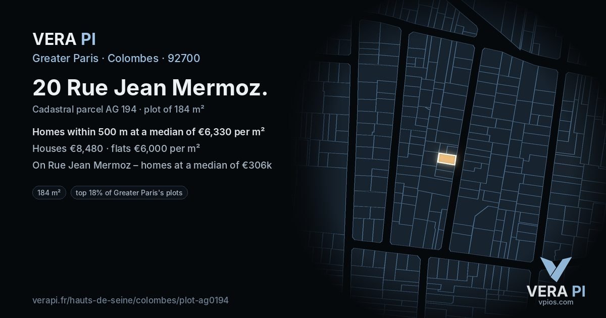 20 Rue Jean Mermoz, Colombes at night – the plot lit, the parcels around coloured by the prices near them