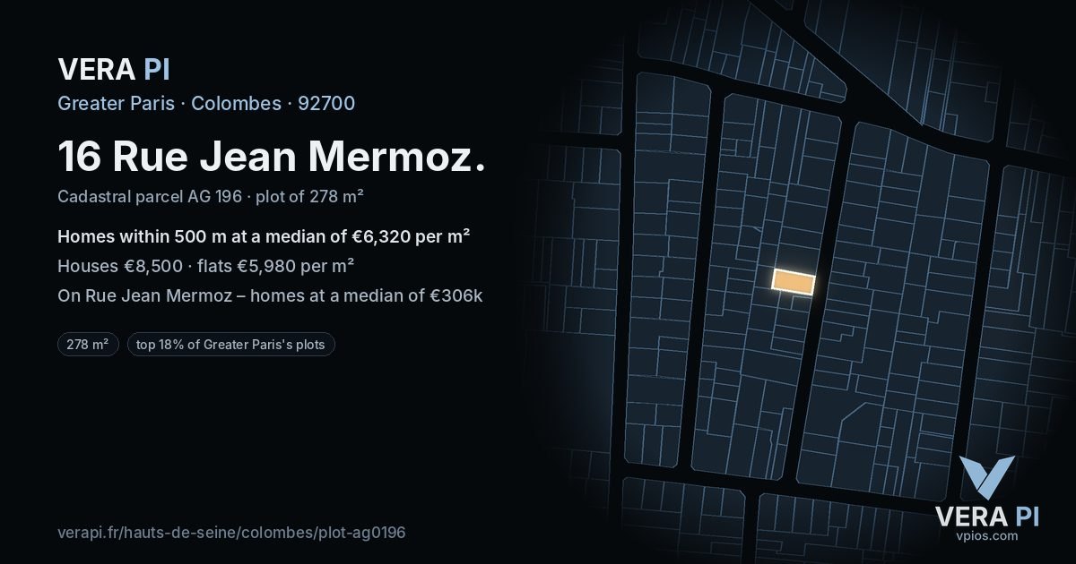 16 Rue Jean Mermoz, Colombes at night – the plot lit, the parcels around coloured by the prices near them