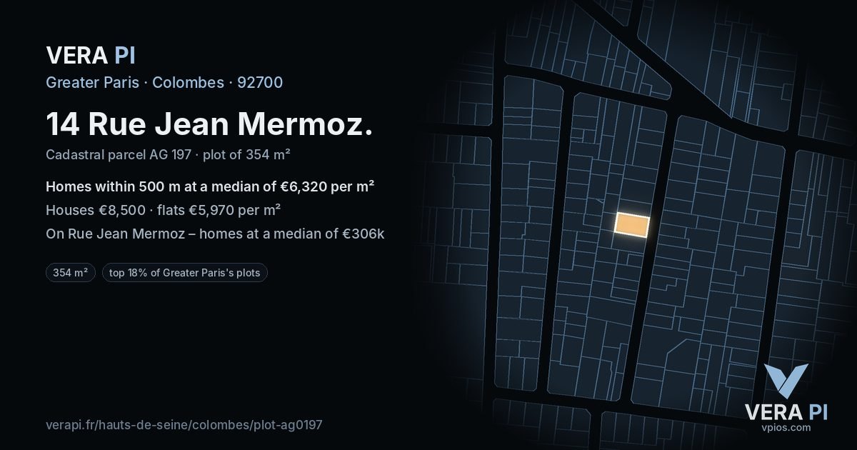 14 Rue Jean Mermoz, Colombes at night – the plot lit, the parcels around coloured by the prices near them