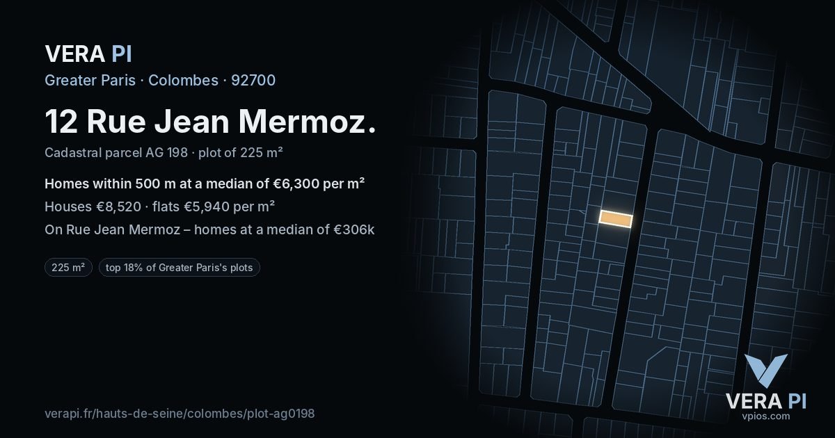 12 Rue Jean Mermoz, Colombes at night – the plot lit, the parcels around coloured by the prices near them