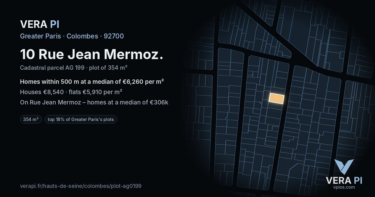 10 Rue Jean Mermoz, Colombes at night – the plot lit, the parcels around coloured by the prices near them