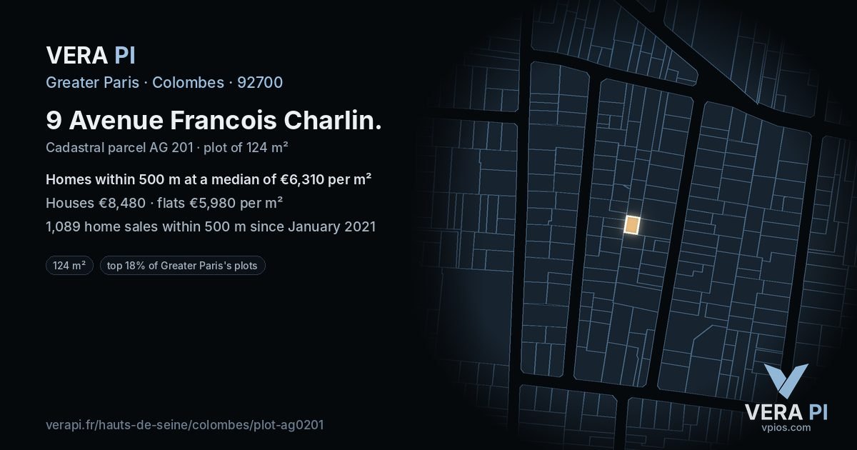 9 Avenue Francois Charlin, Colombes at night – the plot lit, the parcels around coloured by the prices near them