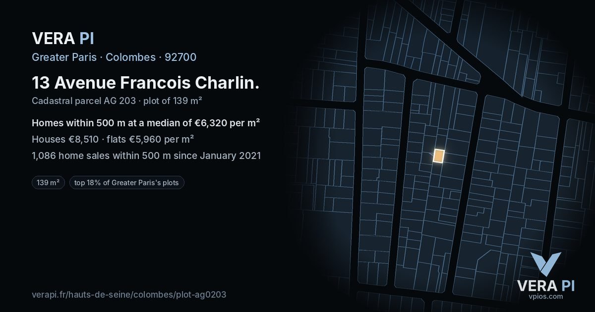 13 Avenue Francois Charlin, Colombes at night – the plot lit, the parcels around coloured by the prices near them