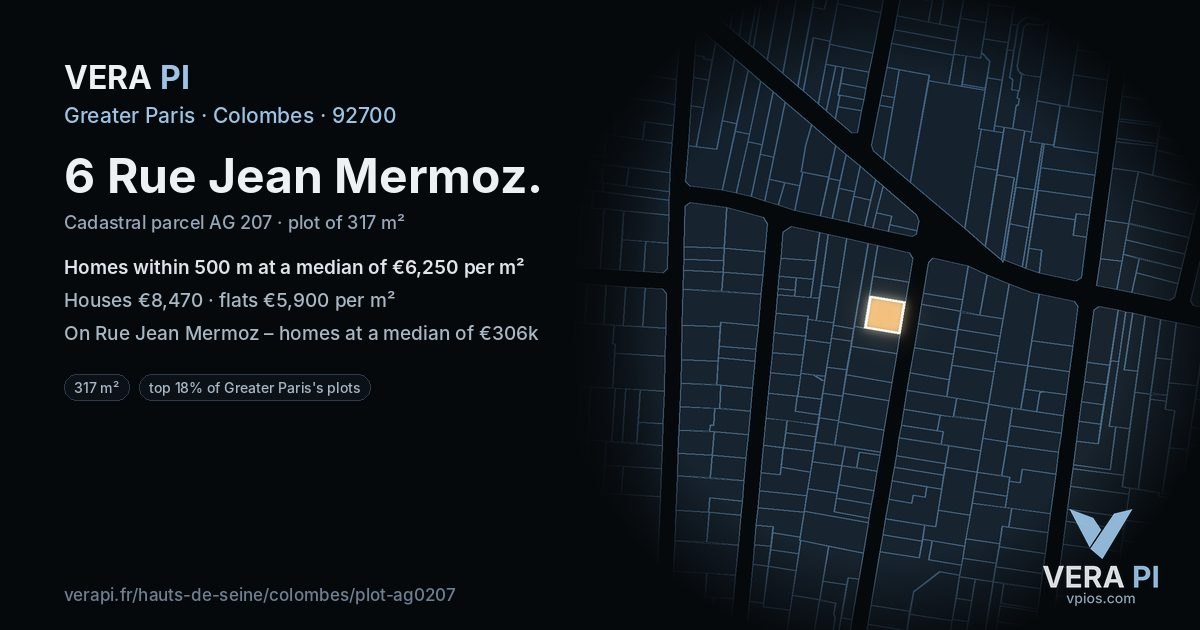6 Rue Jean Mermoz, Colombes at night – the plot lit, the parcels around coloured by the prices near them