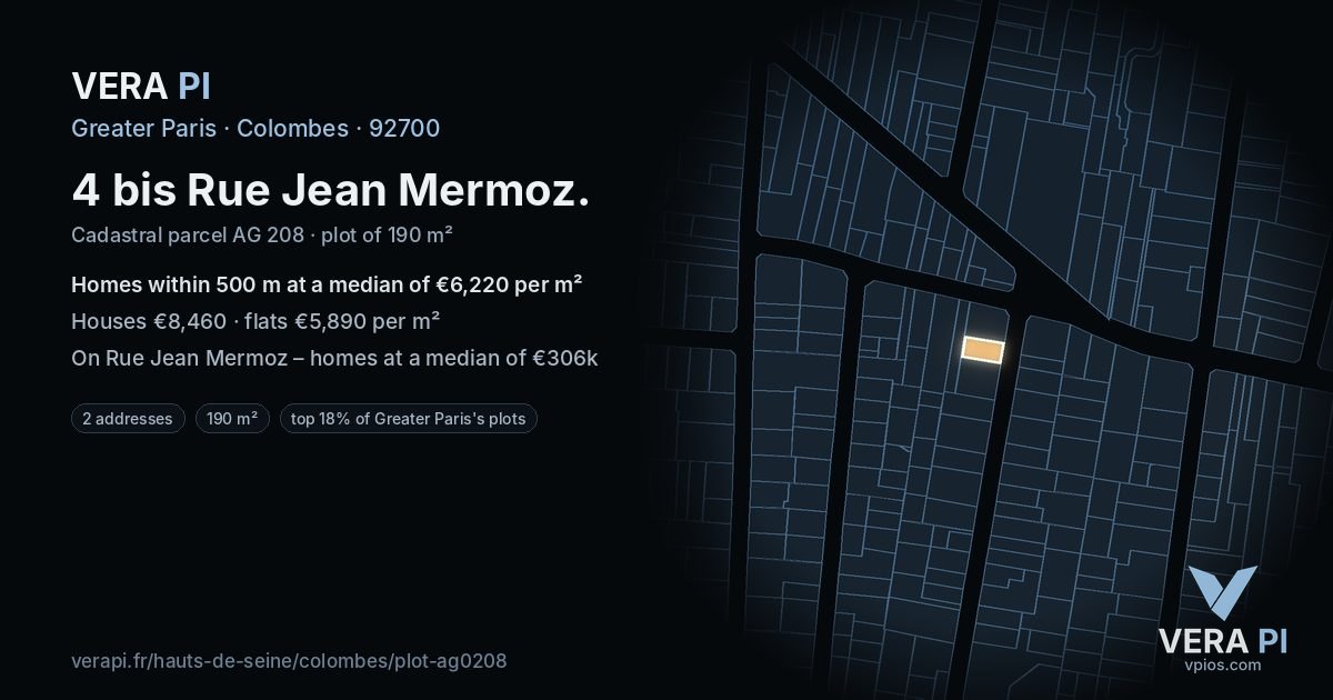 4 bis Rue Jean Mermoz, Colombes at night – the plot lit, the parcels around coloured by the prices near them