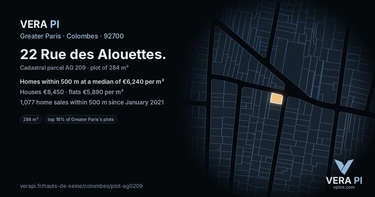 22 Rue des Alouettes, Colombes at night – the plot lit, the parcels around coloured by the prices near them