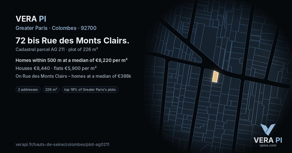 72 bis Rue des Monts Clairs, Colombes at night – the plot lit, the parcels around coloured by the prices near them