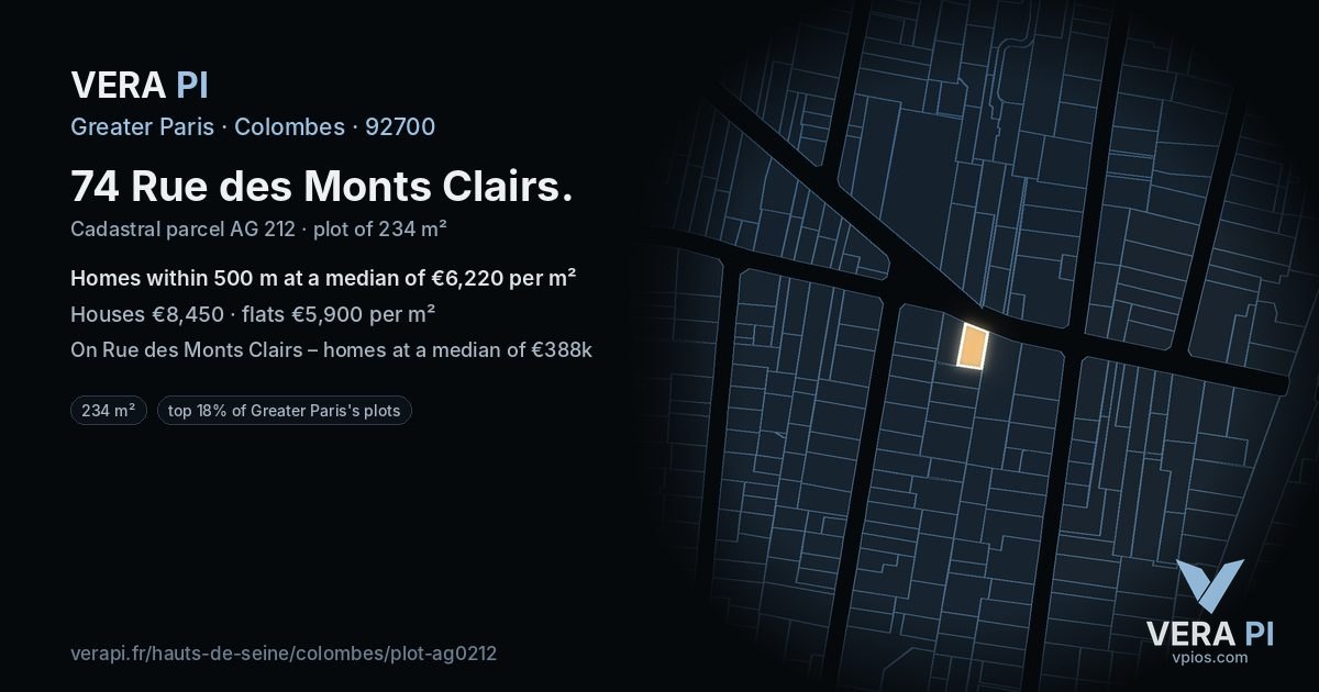 74 Rue des Monts Clairs, Colombes at night – the plot lit, the parcels around coloured by the prices near them