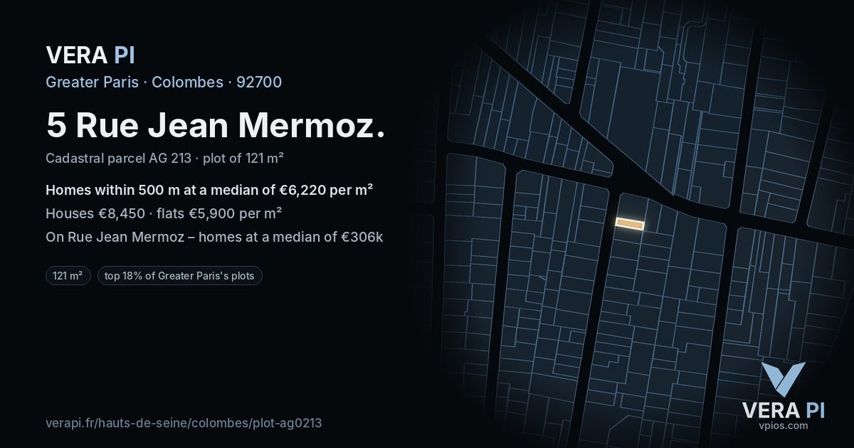 5 Rue Jean Mermoz, Colombes at night – the plot lit, the parcels around coloured by the prices near them