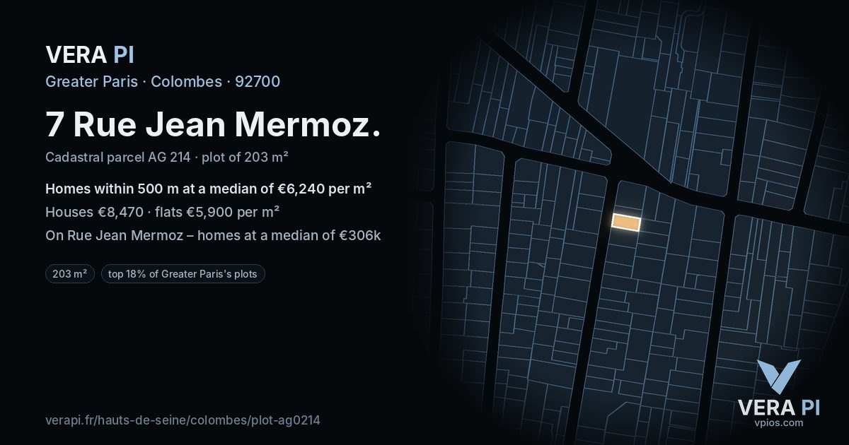 7 Rue Jean Mermoz, Colombes at night – the plot lit, the parcels around coloured by the prices near them