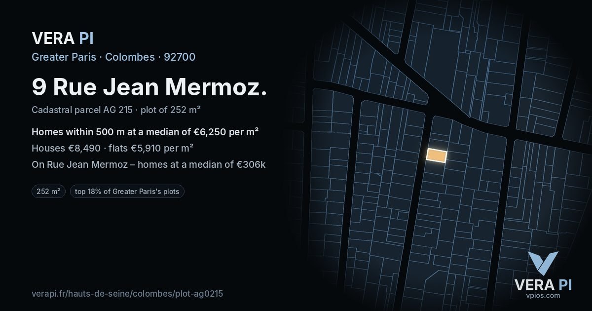 9 Rue Jean Mermoz, Colombes at night – the plot lit, the parcels around coloured by the prices near them
