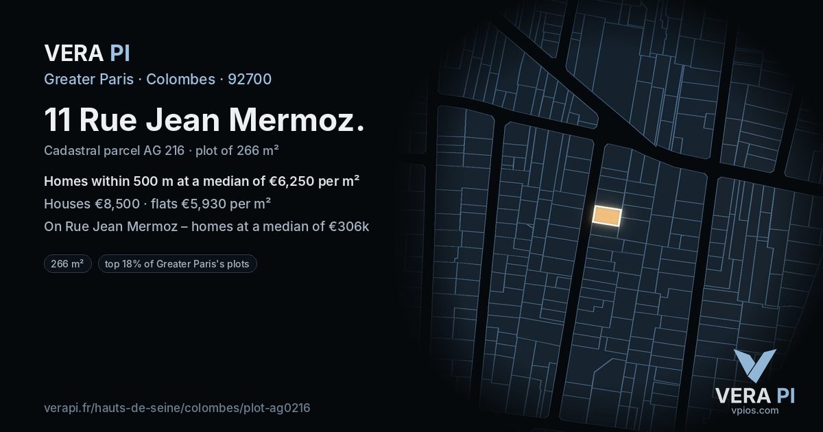 11 Rue Jean Mermoz, Colombes at night – the plot lit, the parcels around coloured by the prices near them