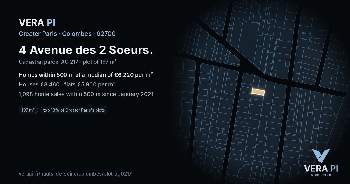 4 Avenue des 2 Soeurs, Colombes at night – the plot lit, the parcels around coloured by the prices near them