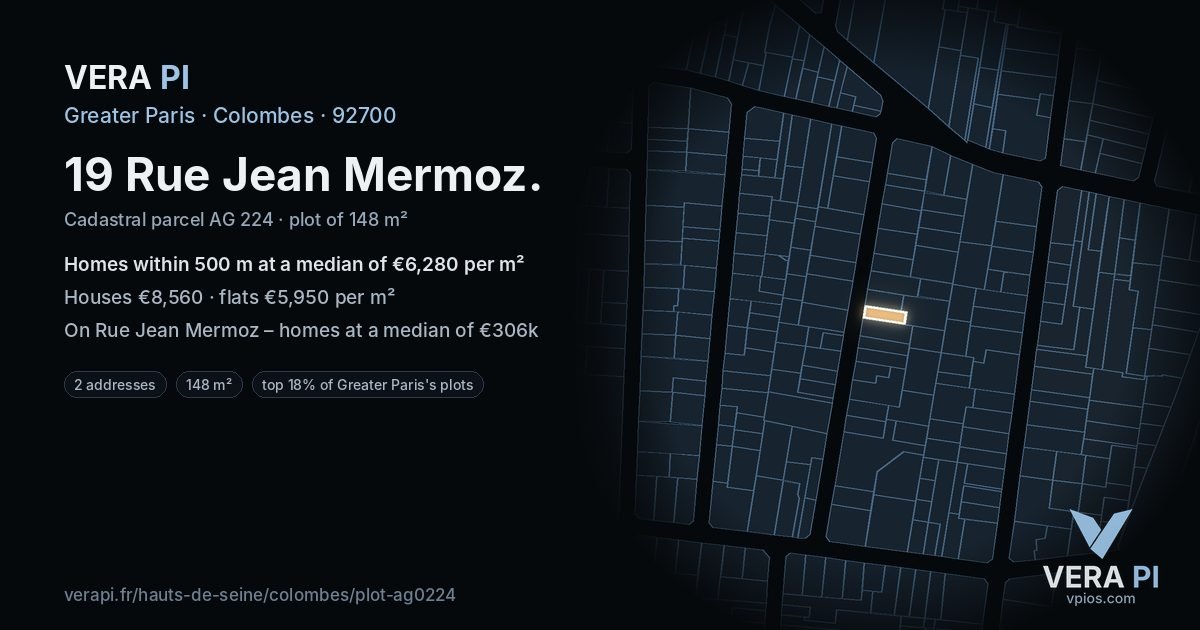 19 Rue Jean Mermoz, Colombes at night – the plot lit, the parcels around coloured by the prices near them