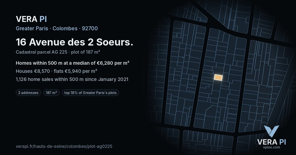 16 Avenue des 2 Soeurs, Colombes at night – the plot lit, the parcels around coloured by the prices near them