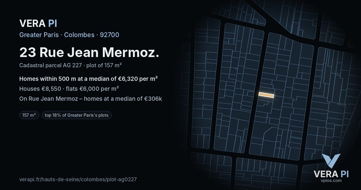 23 Rue Jean Mermoz, Colombes at night – the plot lit, the parcels around coloured by the prices near them