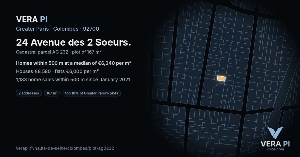 24 Avenue des 2 Soeurs, Colombes at night – the plot lit, the parcels around coloured by the prices near them