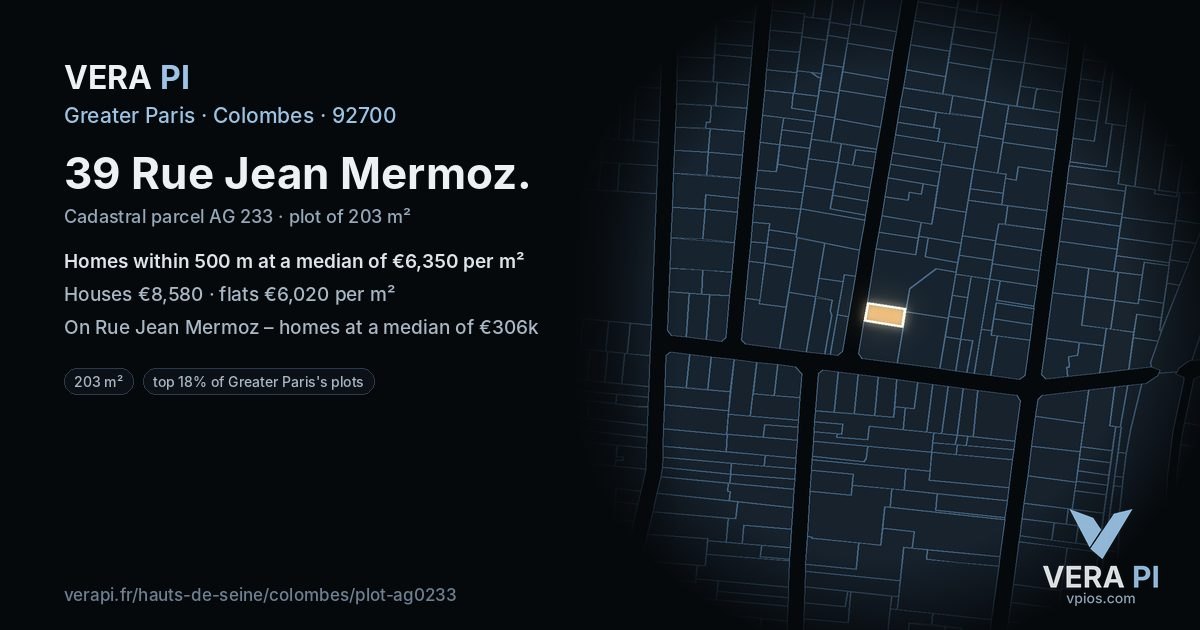 39 Rue Jean Mermoz, Colombes at night – the plot lit, the parcels around coloured by the prices near them