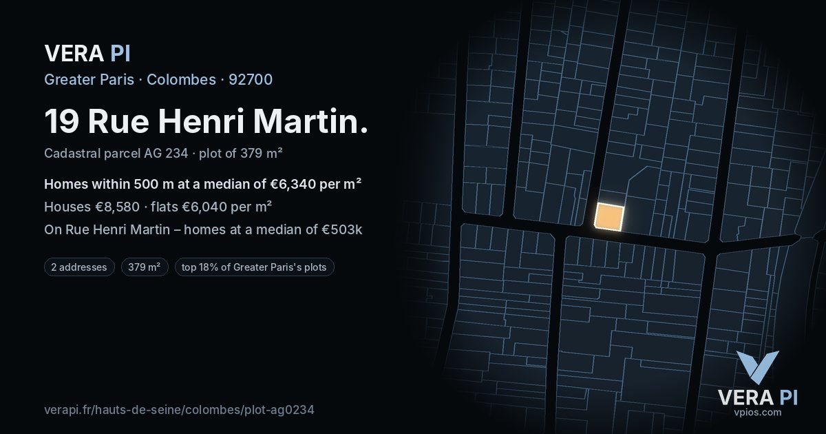 19 Rue Henri Martin, Colombes at night – the plot lit, the parcels around coloured by the prices near them