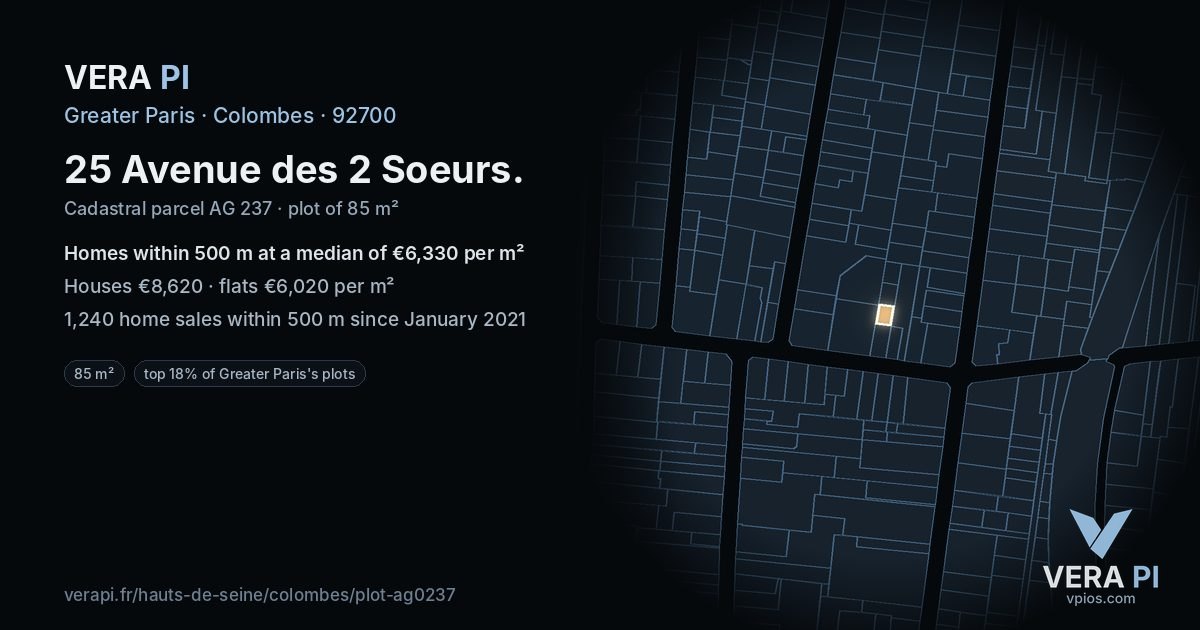 25 Avenue des 2 Soeurs, Colombes at night – the plot lit, the parcels around coloured by the prices near them