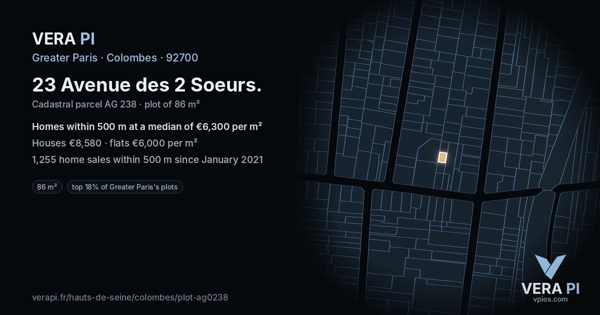 23 Avenue des 2 Soeurs, Colombes at night – the plot lit, the parcels around coloured by the prices near them