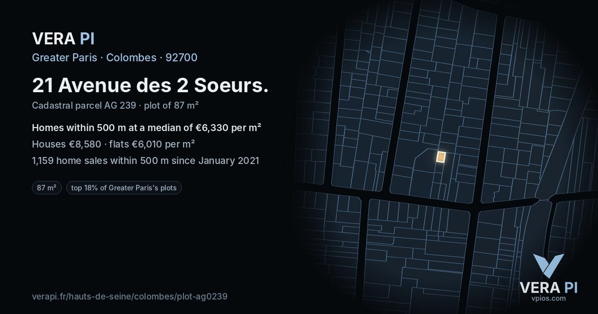 21 Avenue des 2 Soeurs, Colombes at night – the plot lit, the parcels around coloured by the prices near them