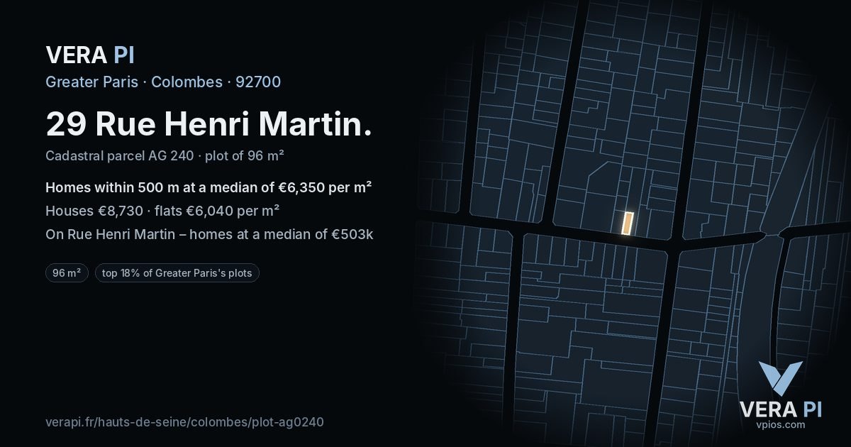 29 Rue Henri Martin, Colombes at night – the plot lit, the parcels around coloured by the prices near them