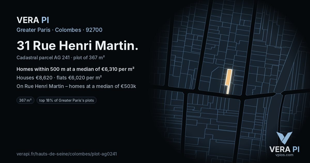 31 Rue Henri Martin, Colombes at night – the plot lit, the parcels around coloured by the prices near them