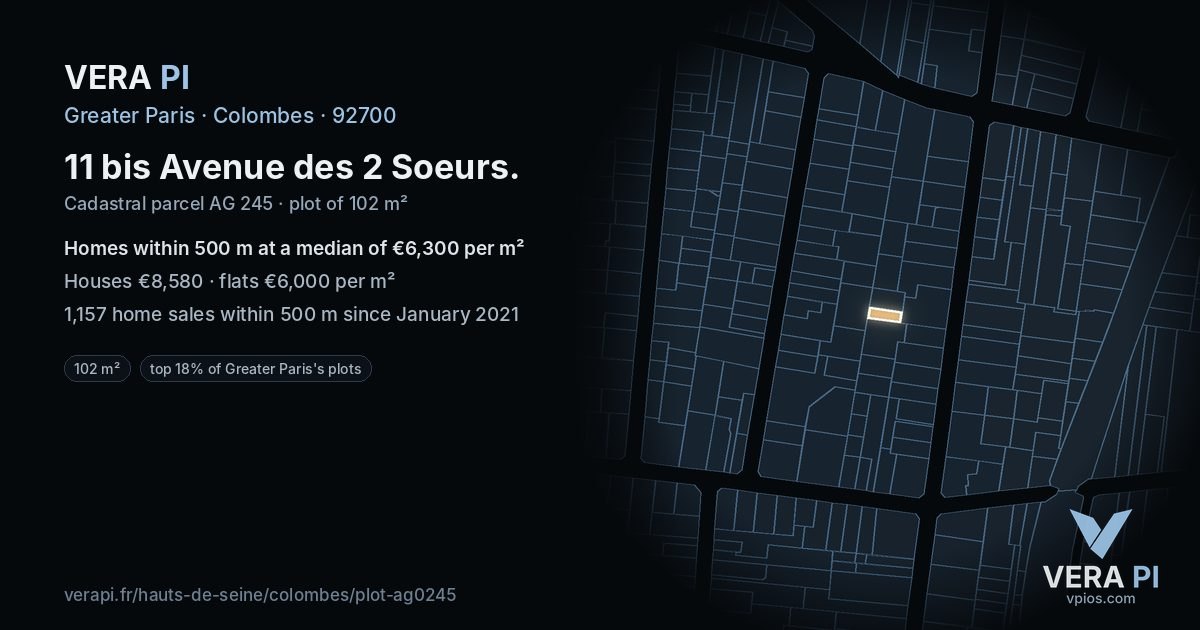 11 bis Avenue des 2 Soeurs, Colombes at night – the plot lit, the parcels around coloured by the prices near them