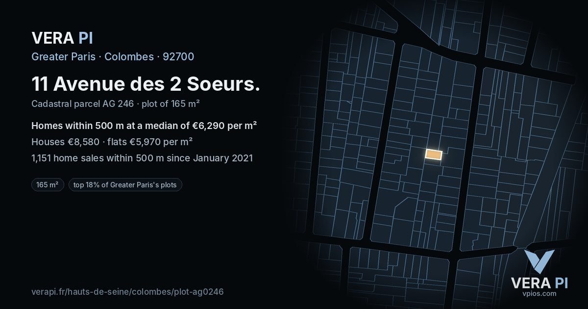 11 Avenue des 2 Soeurs, Colombes at night – the plot lit, the parcels around coloured by the prices near them