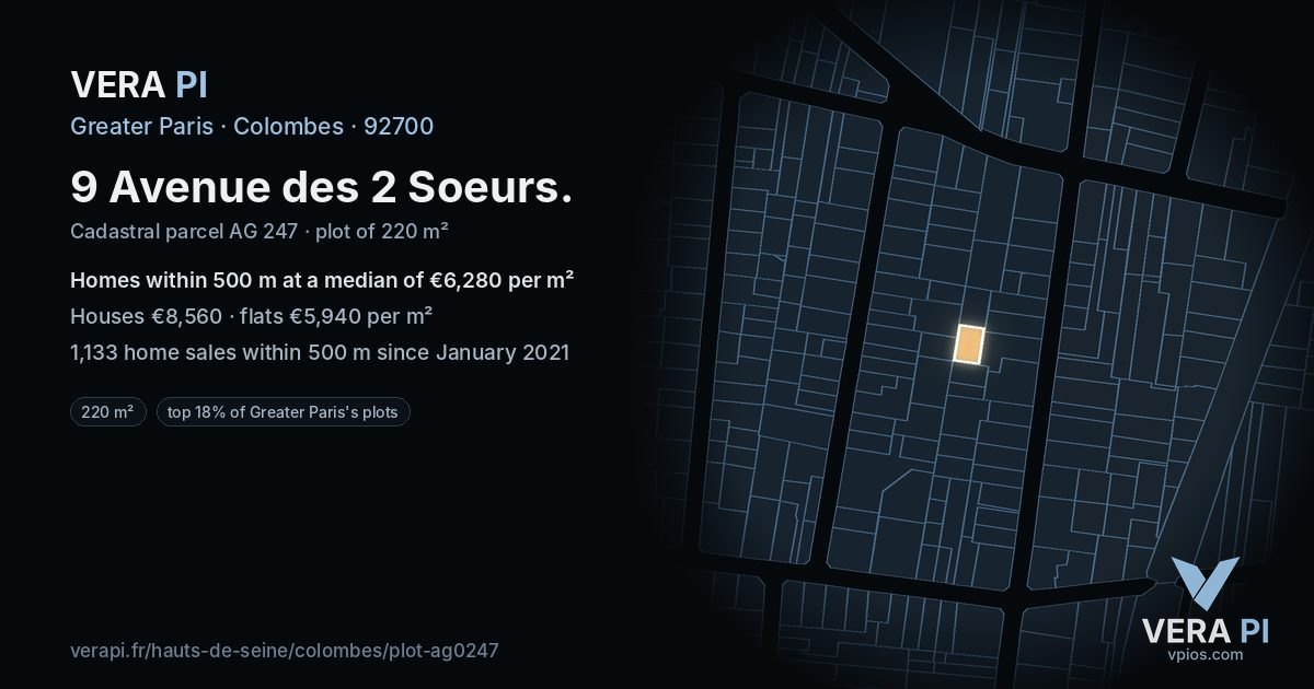 9 Avenue des 2 Soeurs, Colombes at night – the plot lit, the parcels around coloured by the prices near them