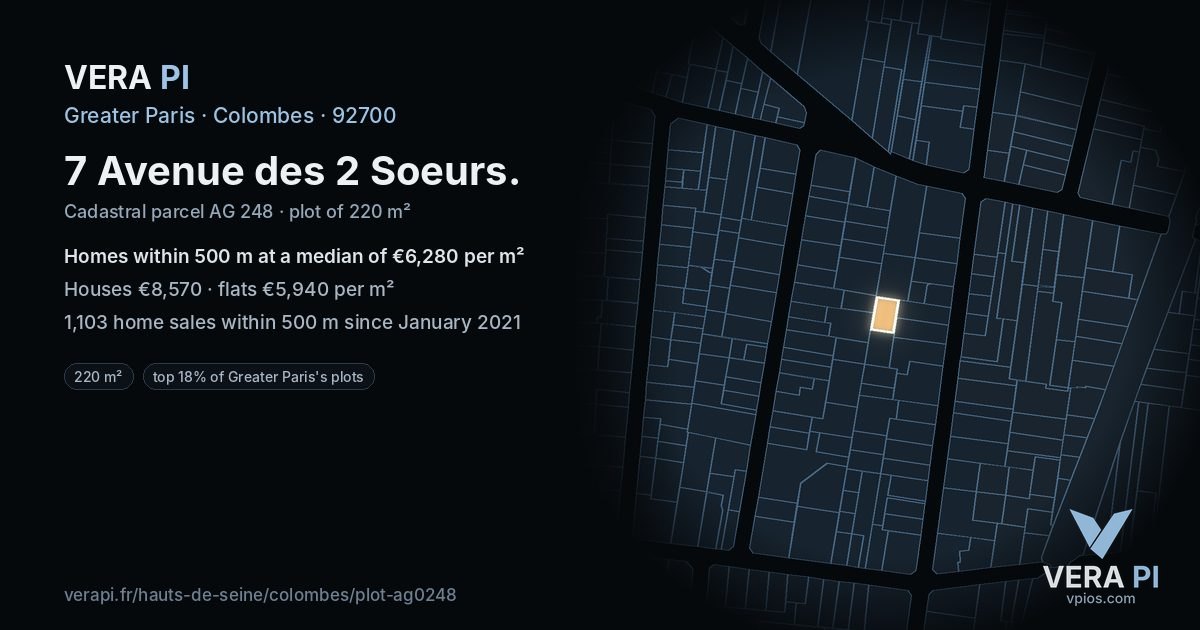 7 Avenue des 2 Soeurs, Colombes at night – the plot lit, the parcels around coloured by the prices near them