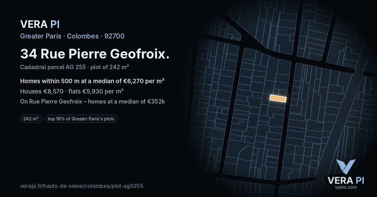 34 Rue Pierre Geofroix, Colombes at night – the plot lit, the parcels around coloured by the prices near them