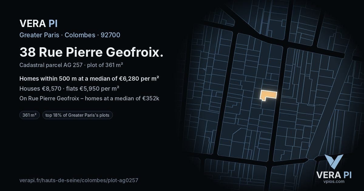 38 Rue Pierre Geofroix, Colombes at night – the plot lit, the parcels around coloured by the prices near them