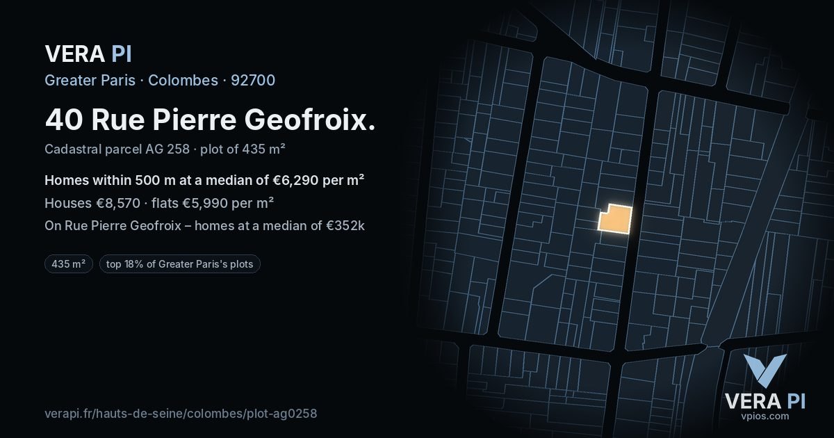 40 Rue Pierre Geofroix, Colombes at night – the plot lit, the parcels around coloured by the prices near them