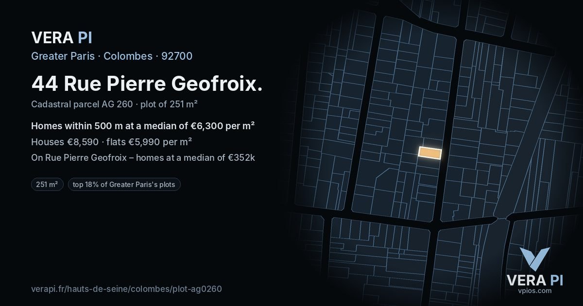 44 Rue Pierre Geofroix, Colombes at night – the plot lit, the parcels around coloured by the prices near them