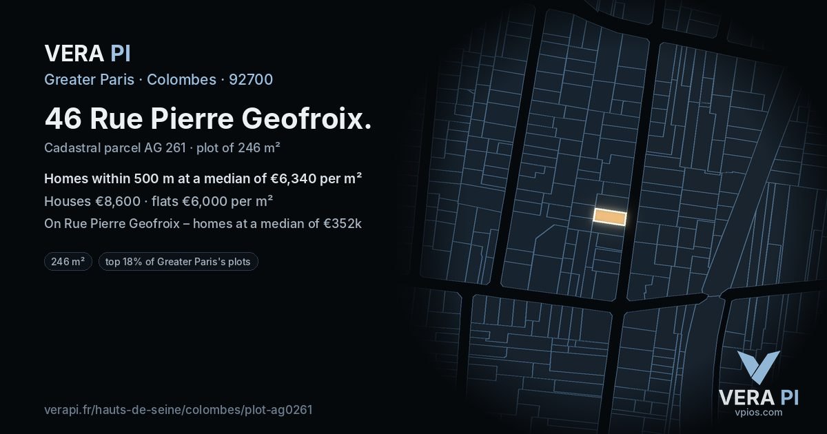 46 Rue Pierre Geofroix, Colombes at night – the plot lit, the parcels around coloured by the prices near them
