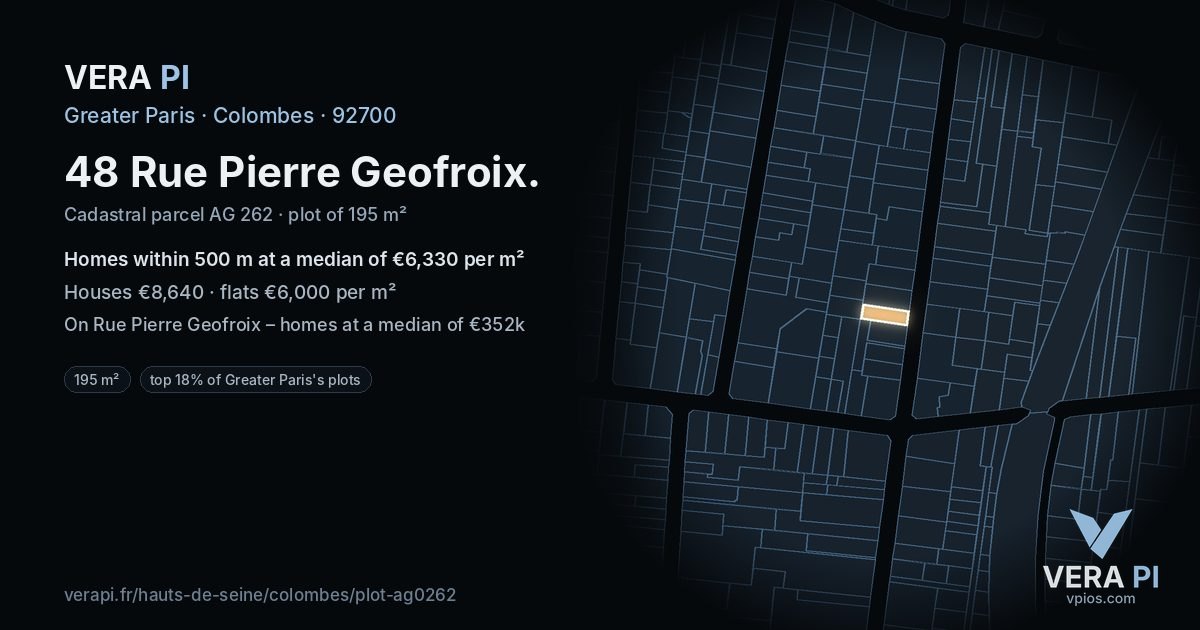 48 Rue Pierre Geofroix, Colombes at night – the plot lit, the parcels around coloured by the prices near them