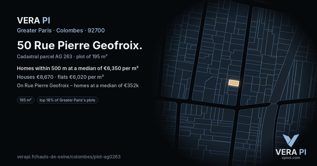 50 Rue Pierre Geofroix, Colombes at night – the plot lit, the parcels around coloured by the prices near them