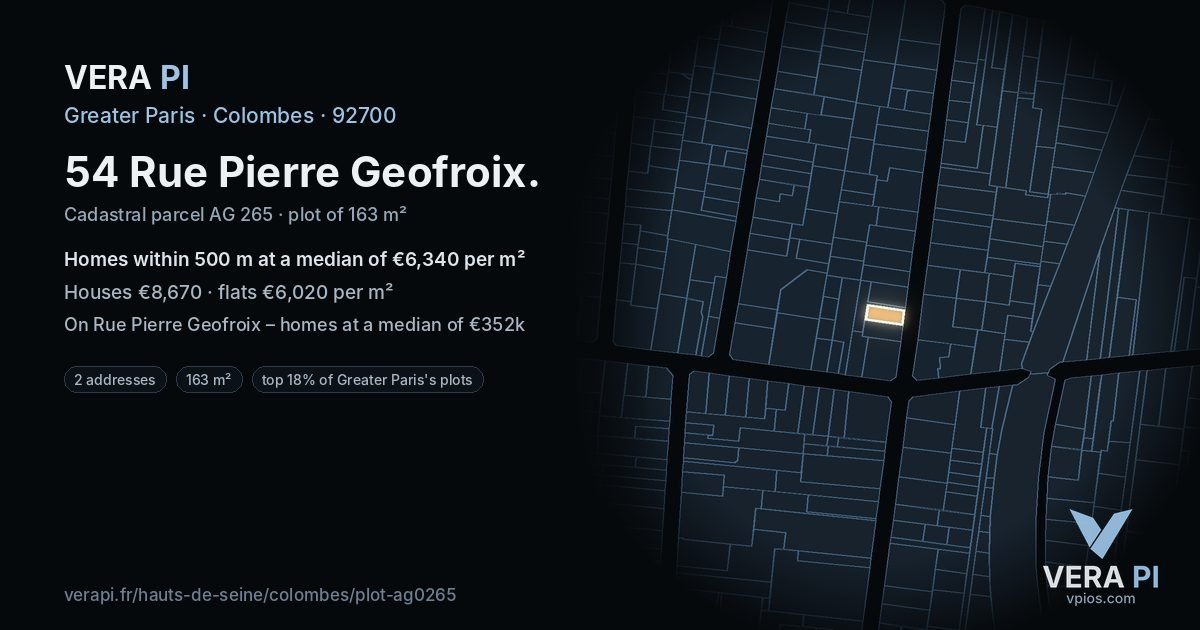 54 Rue Pierre Geofroix, Colombes at night – the plot lit, the parcels around coloured by the prices near them