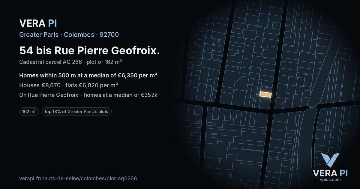 54 bis Rue Pierre Geofroix, Colombes at night – the plot lit, the parcels around coloured by the prices near them
