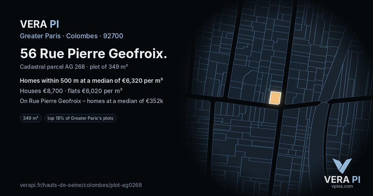 56 Rue Pierre Geofroix, Colombes at night – the plot lit, the parcels around coloured by the prices near them
