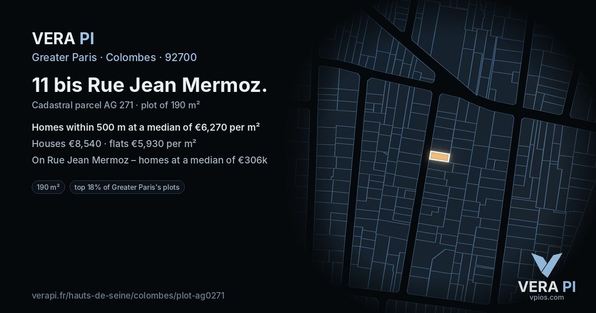 11 bis Rue Jean Mermoz, Colombes at night – the plot lit, the parcels around coloured by the prices near them