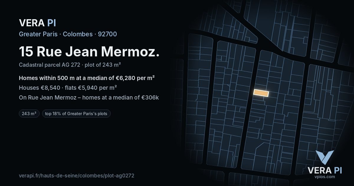 15 Rue Jean Mermoz, Colombes at night – the plot lit, the parcels around coloured by the prices near them