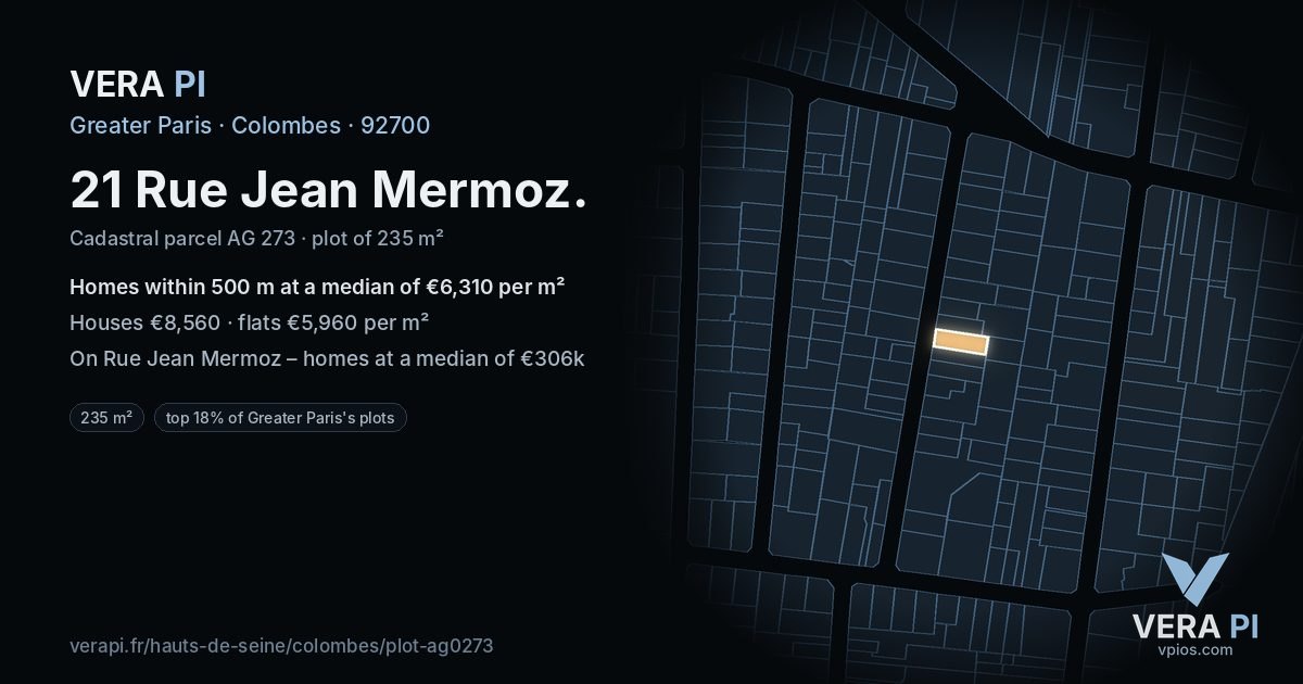 21 Rue Jean Mermoz, Colombes at night – the plot lit, the parcels around coloured by the prices near them
